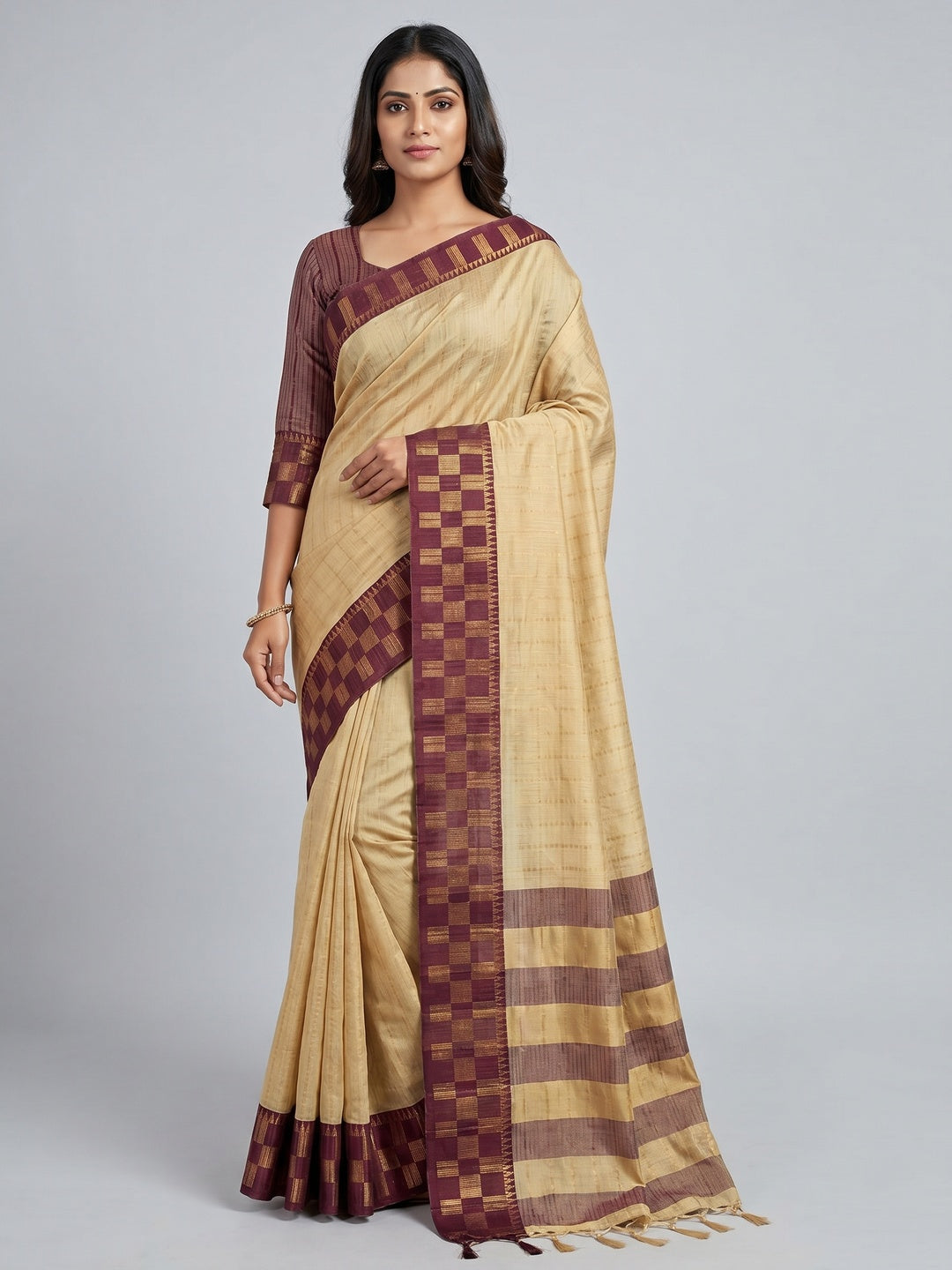 Chikoo Woven Cotton Silk Saree - Image 1