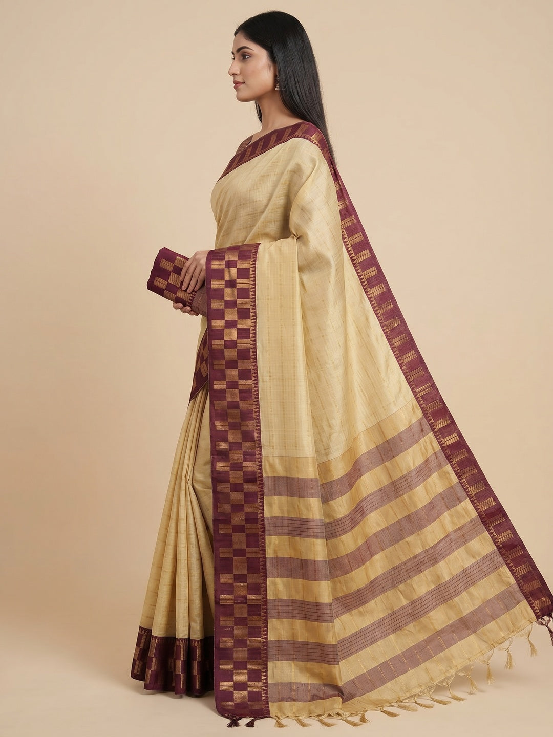 Chikoo Woven Cotton Silk Saree - Image 2