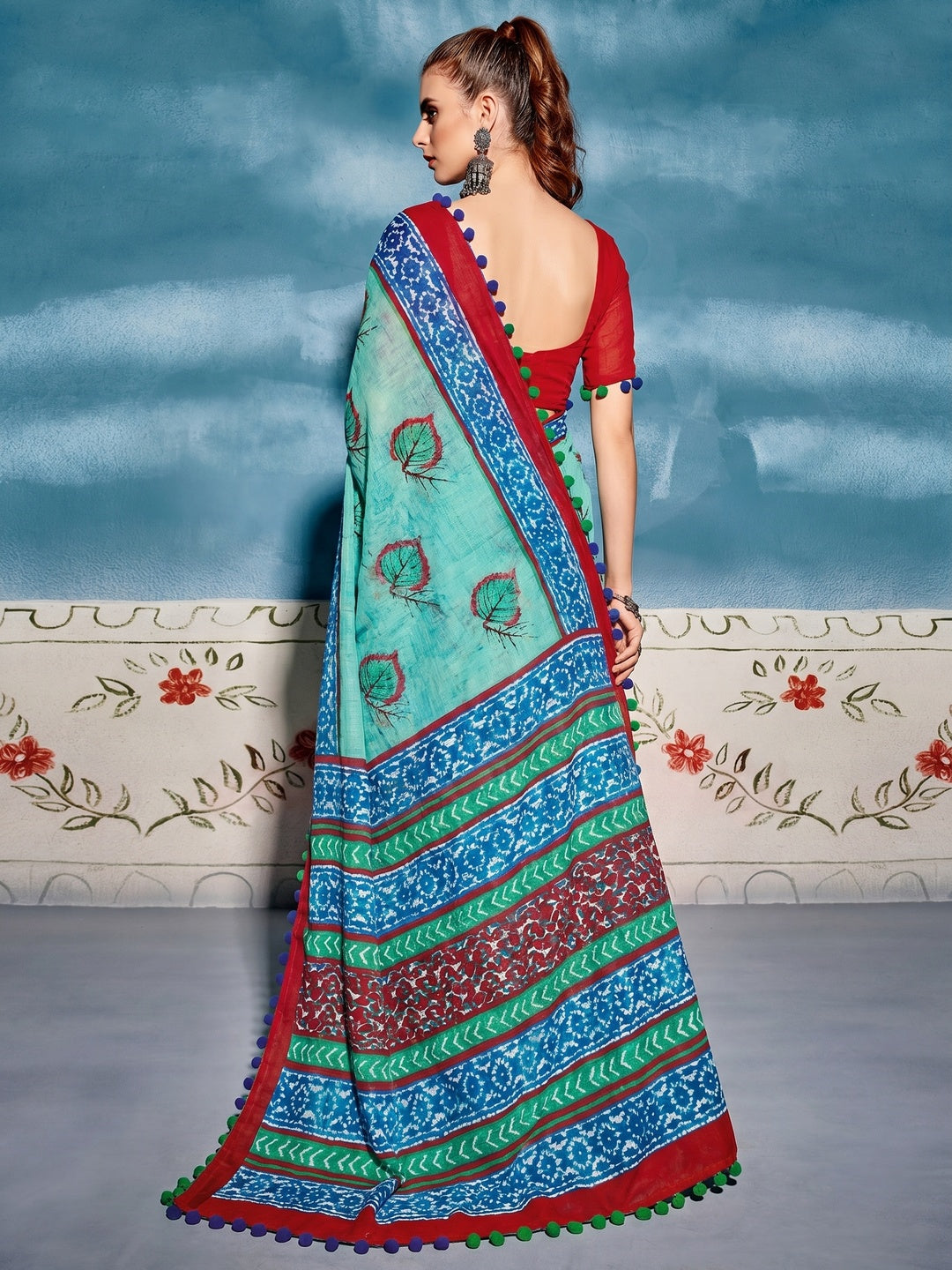 Light Blue Printed Cotton Blend Saree With Pumpum Lace - Image 1