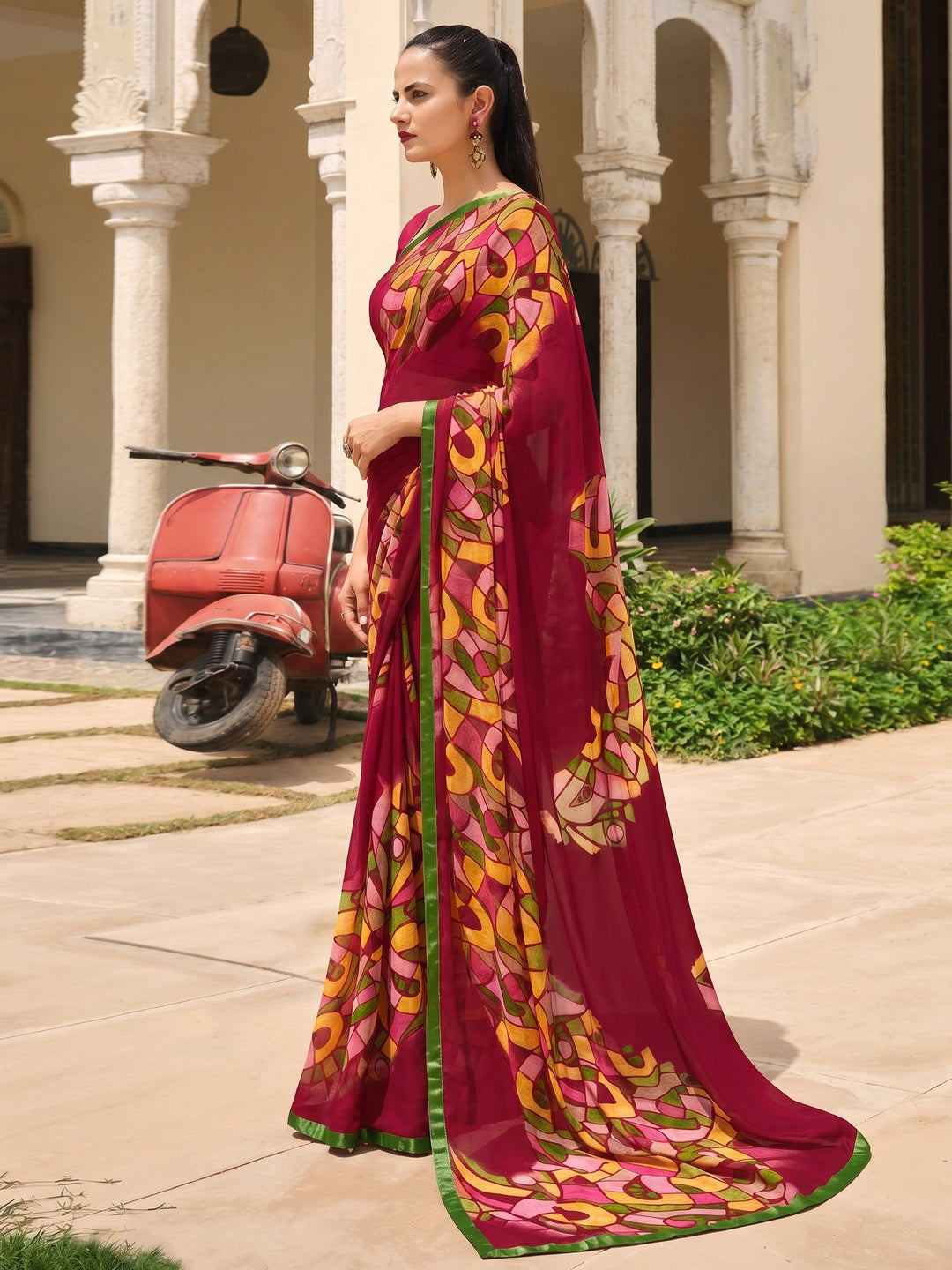 Magenta Pink Printed Georgette Saree - Image 1