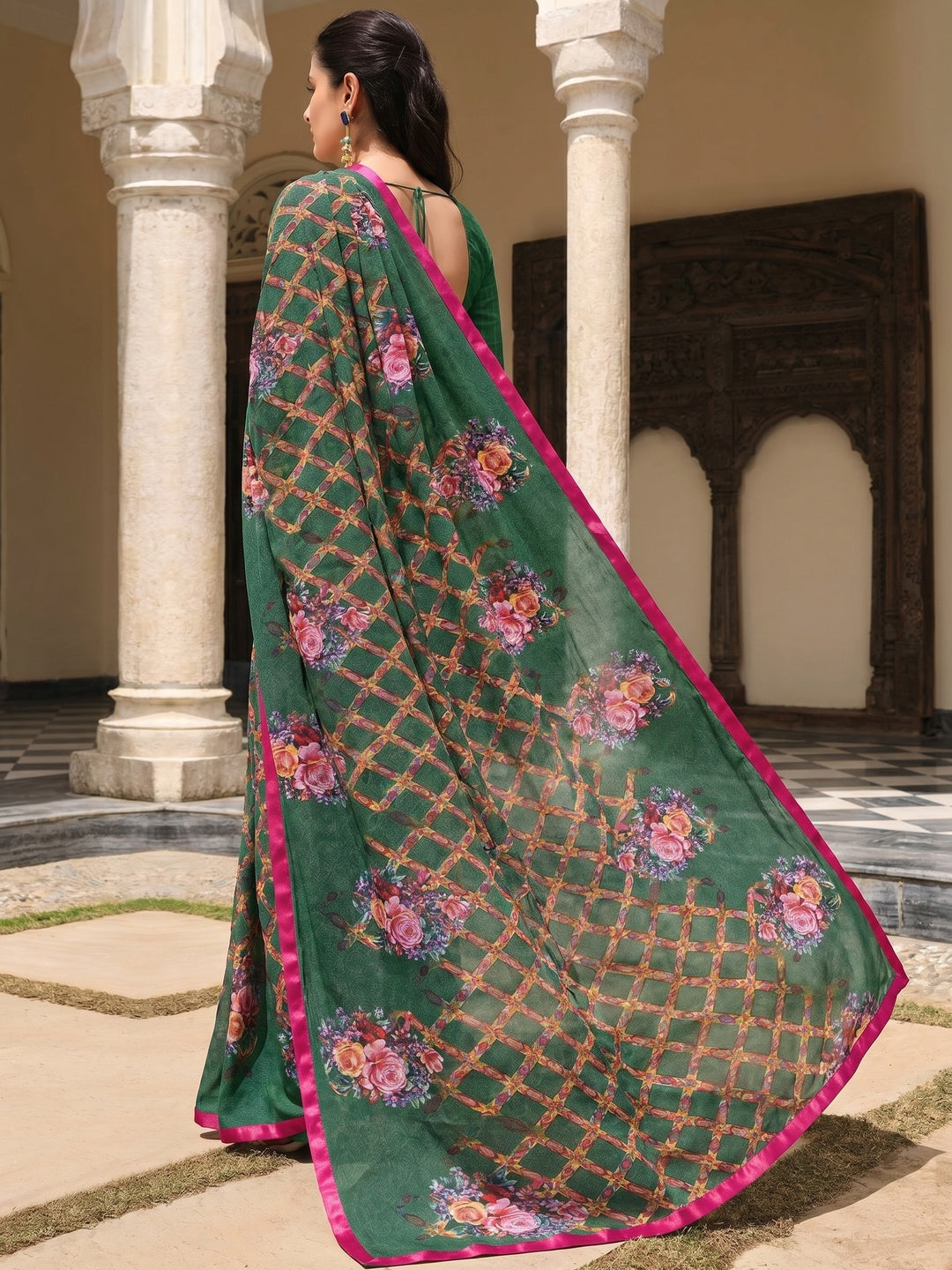 Green Printed Georgette Saree - Image 1