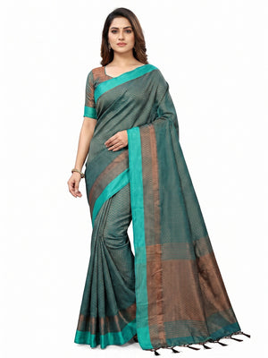 Rama Green Zig Zag Woven Cotton Silk Saree - Image 1