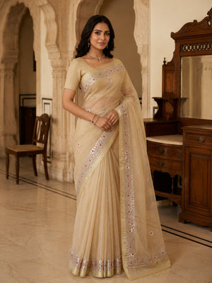 Elegant Cream Kota Doria Saree with Gota Patti & Zari Border - Image 1