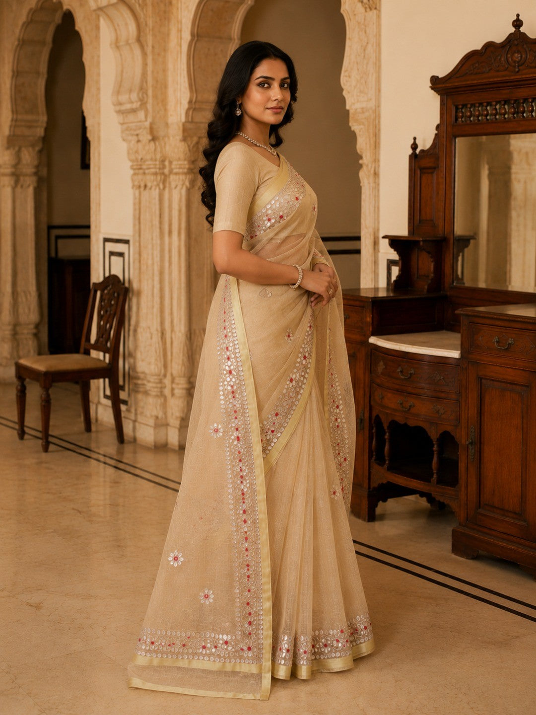 Elegant Cream Kota Doria Saree with Gota Patti & Zari Border - Image 3