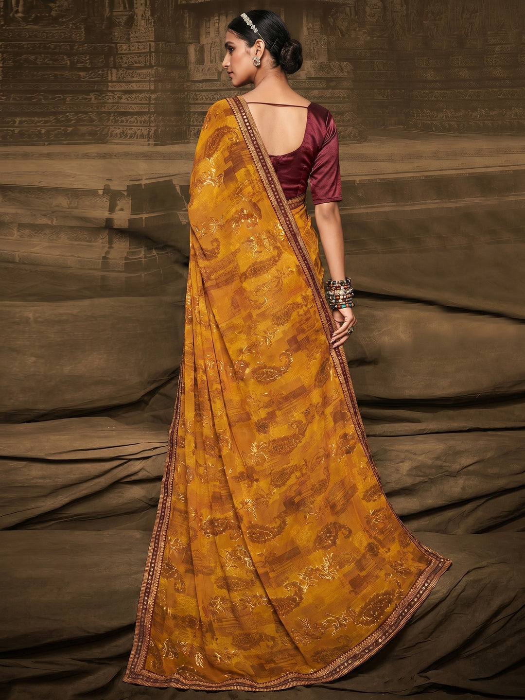 Mustard Foil Printed Georgette Saree - Image 1