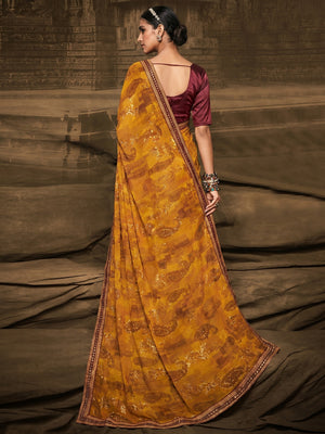 Mustard Foil Printed Georgette Saree - Image 1