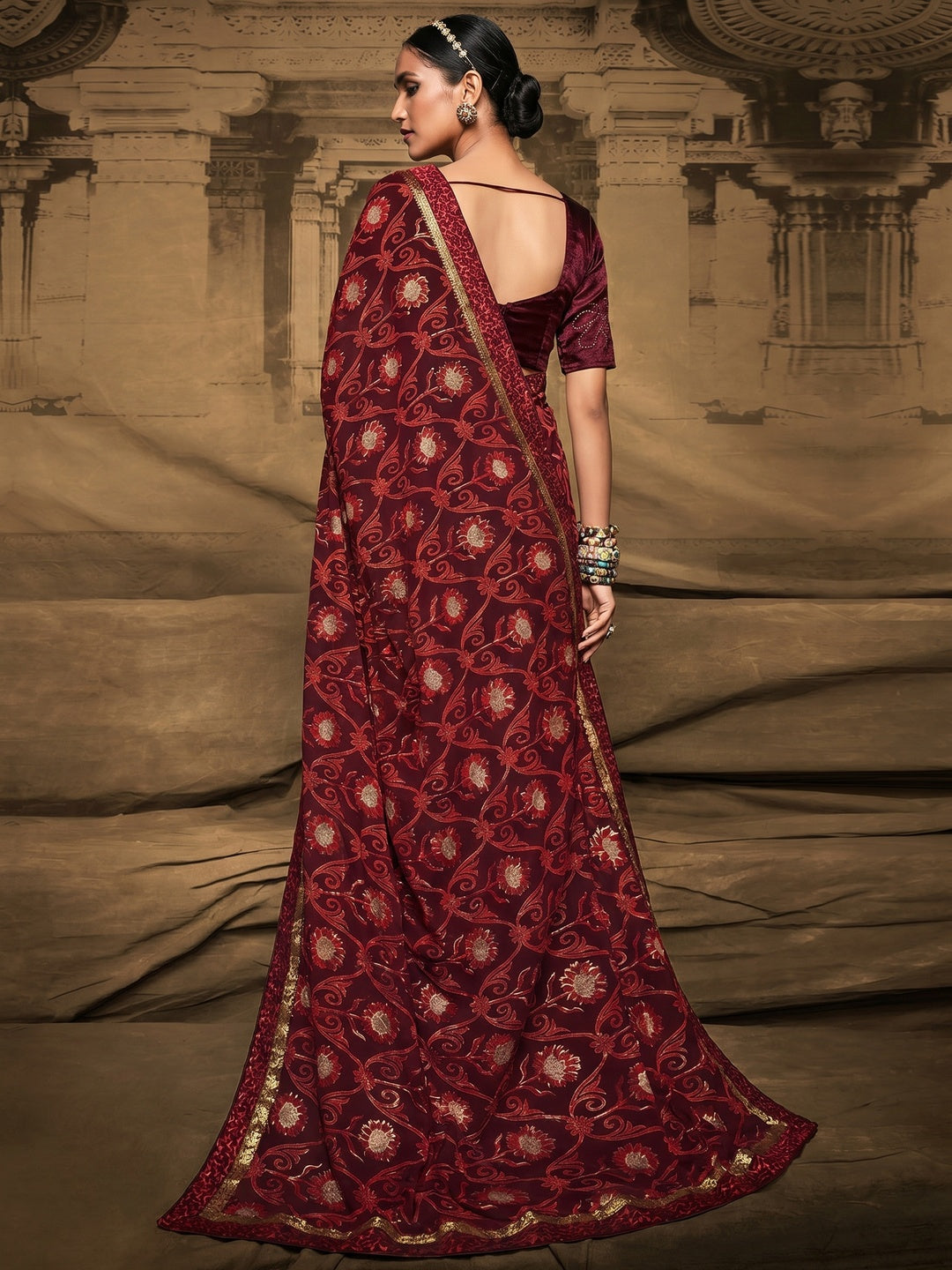 Wine Foil Printed Georgette Saree - Image 1