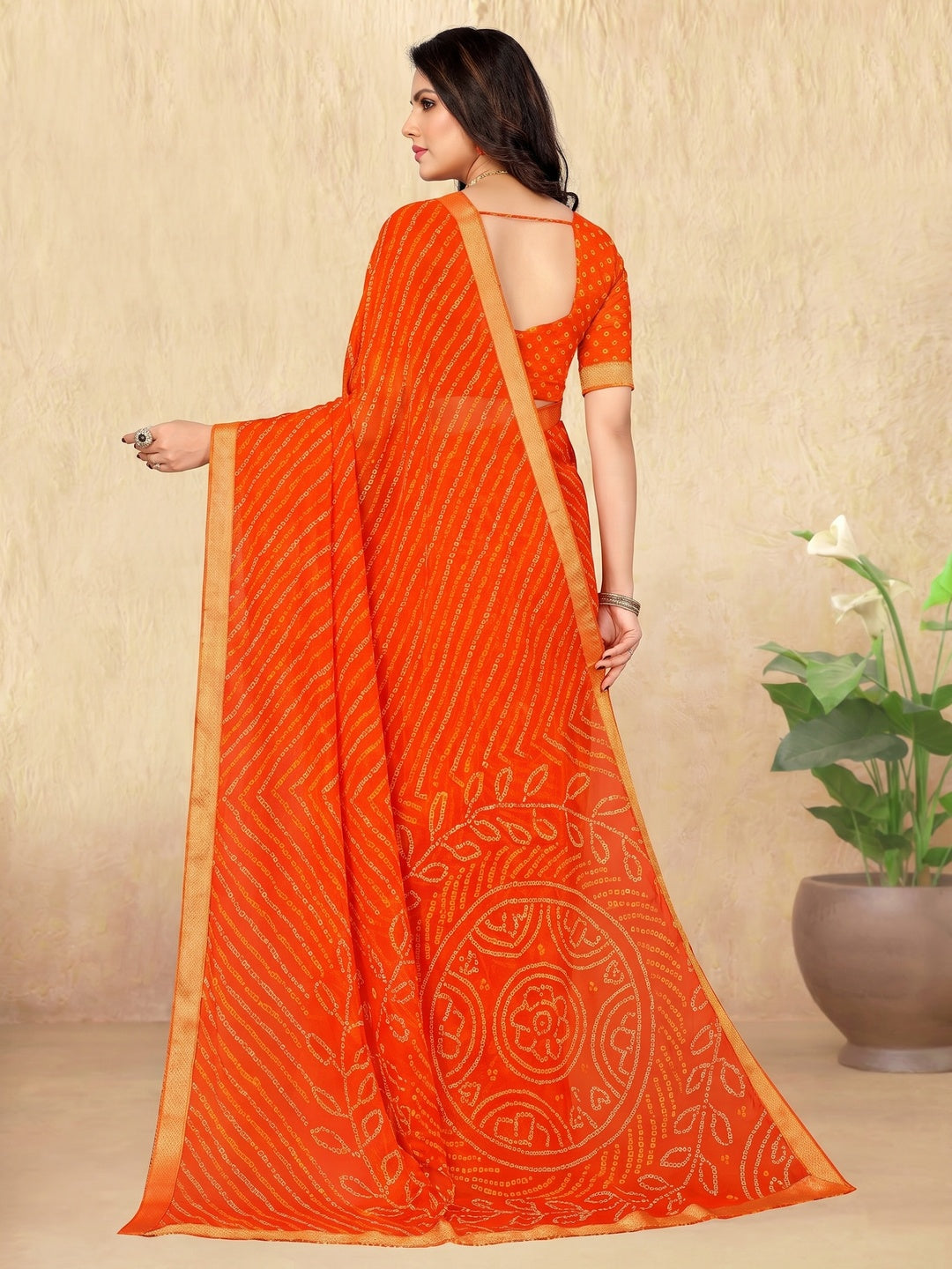 Orange Bandhani Printed Chiffon Saree - Image 1