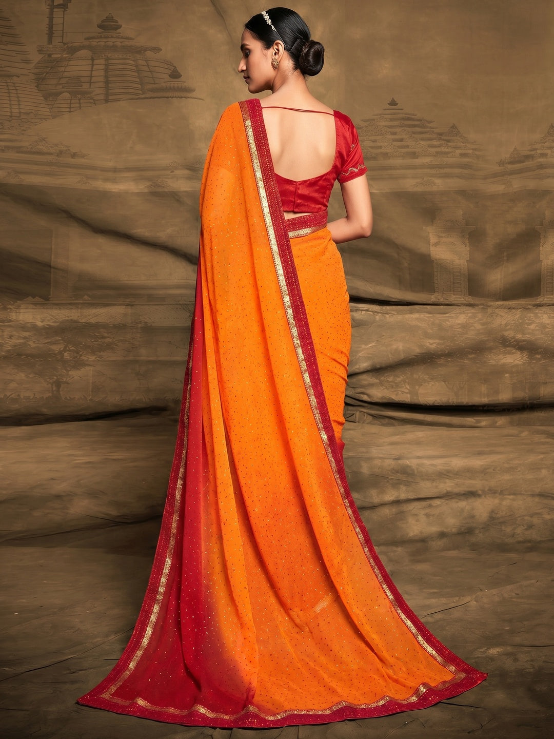 Orange Foil Printed Georgette Saree - Image 1