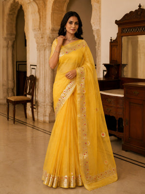 Graceful Yellow Kota Doria Saree with Delicate Floral Gota Patti & Zari Border - Image 1
