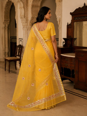 Graceful Yellow Kota Doria Saree with Delicate Floral Gota Patti & Zari Border - Image 2