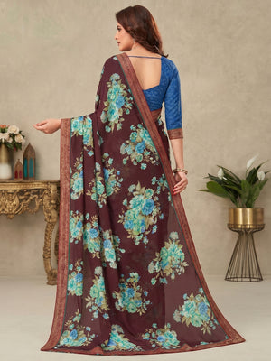 Maroon Floral Printed Crepe Saree - Image 1