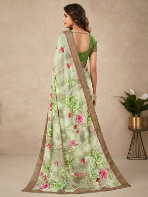 Light Pista Green Floral Printed Art Silk Saree - Image 1