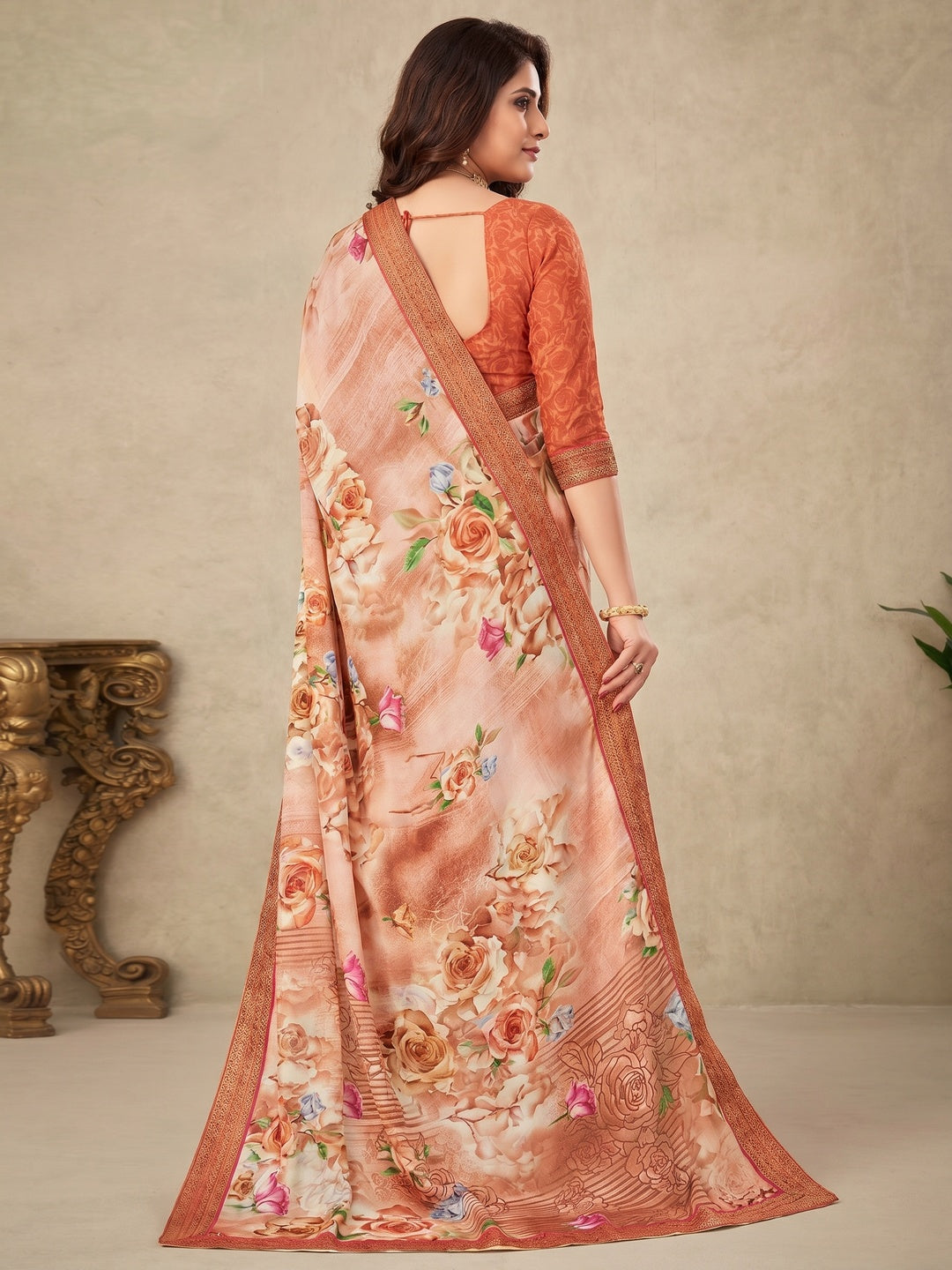 Peach- Brown Floral Printed Art Silk Saree - Image 1