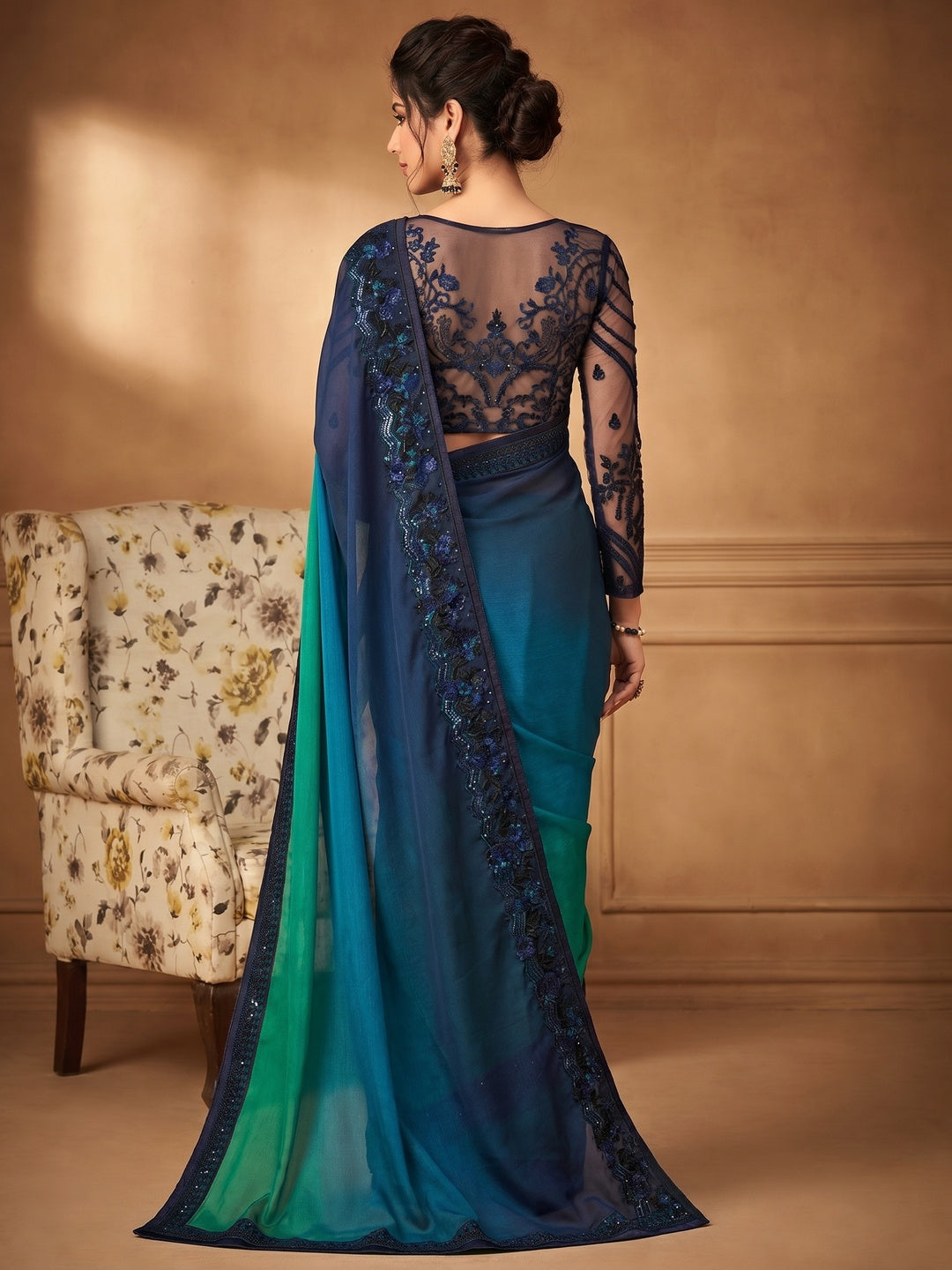 Blue & Green Floral Sequins Embroidered Chiffon Saree - Image 1