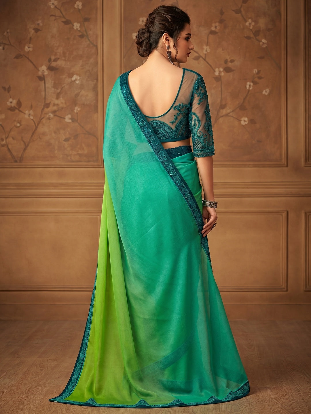Sea Green & Mint Green Floral Sequins Embroidered Chiffon Saree - Image 1
