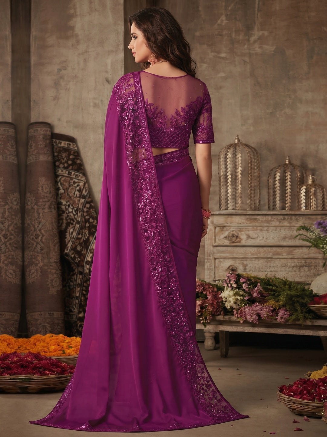 Magenta Purple Floral Sequins Embroidered Art SIlk Saree - Image 1