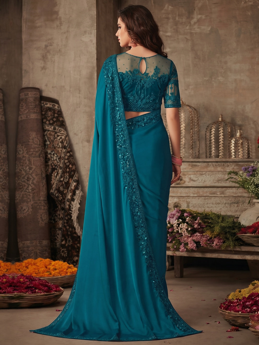 Teal Blue Floral Sequins Embroidered Art SIlk Saree - Image 1