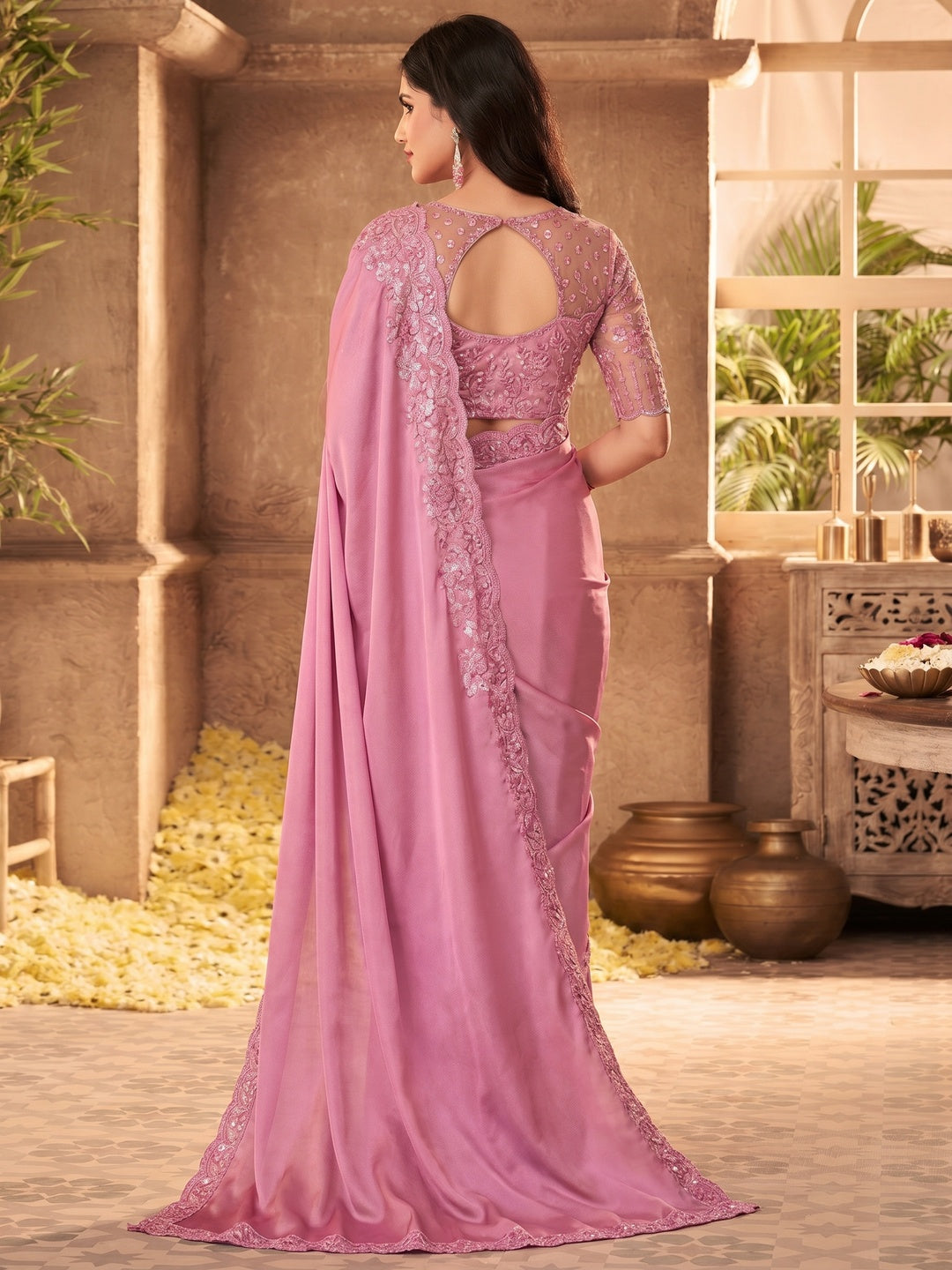 Baby Pink Floral Sequins Embroidered Art SIlk Saree - Image 1