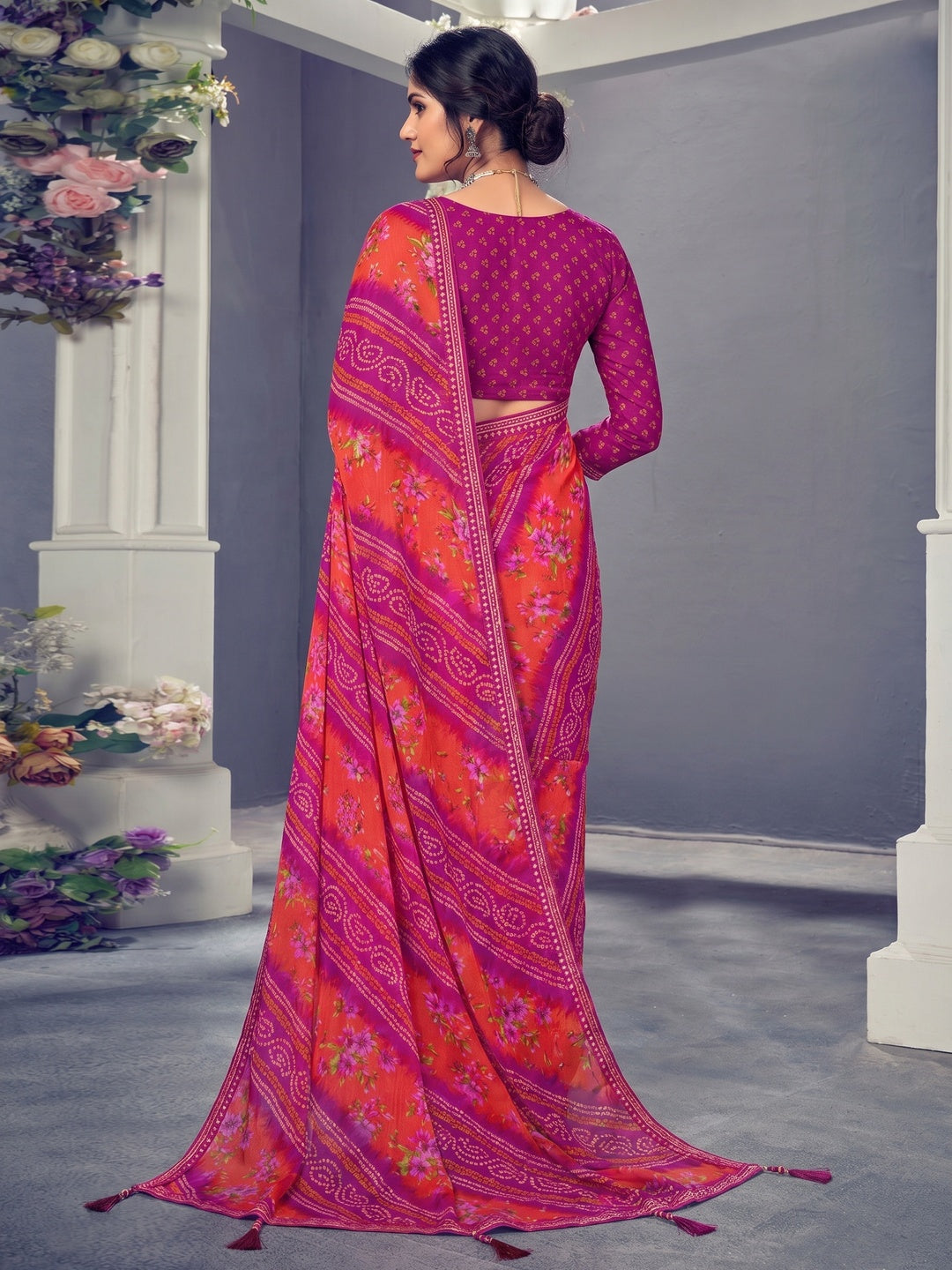 Rani Pink & Orange Bandhani Printed Chiffon Saree With Tassels - Image 1
