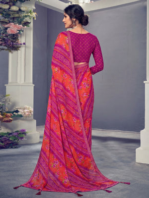 Rani Pink & Orange Bandhani Printed Chiffon Saree With Tassels - Image 1