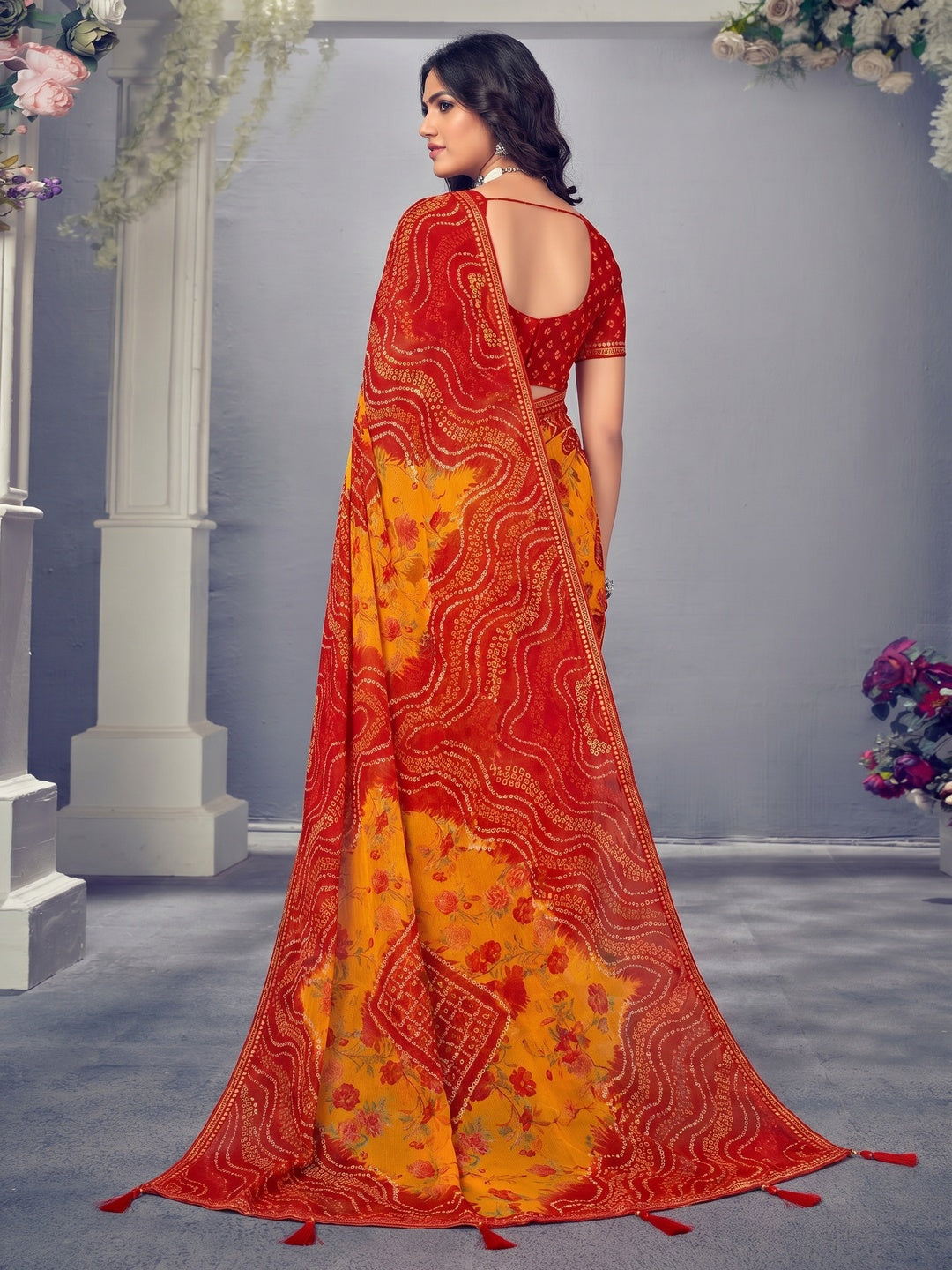 Red & Mustard Bandhani Printed Chiffon Saree With Tassels - Image 1