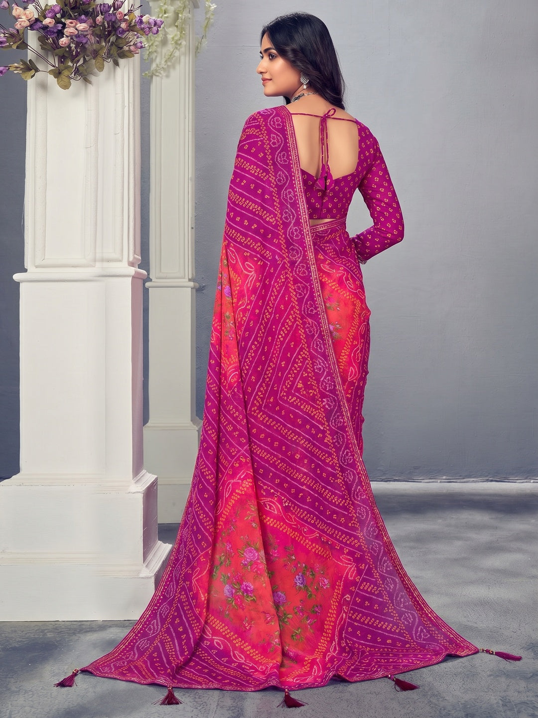 Fuchsia & Purple Bandhani Printed Chiffon Saree With Tassels - Image 1