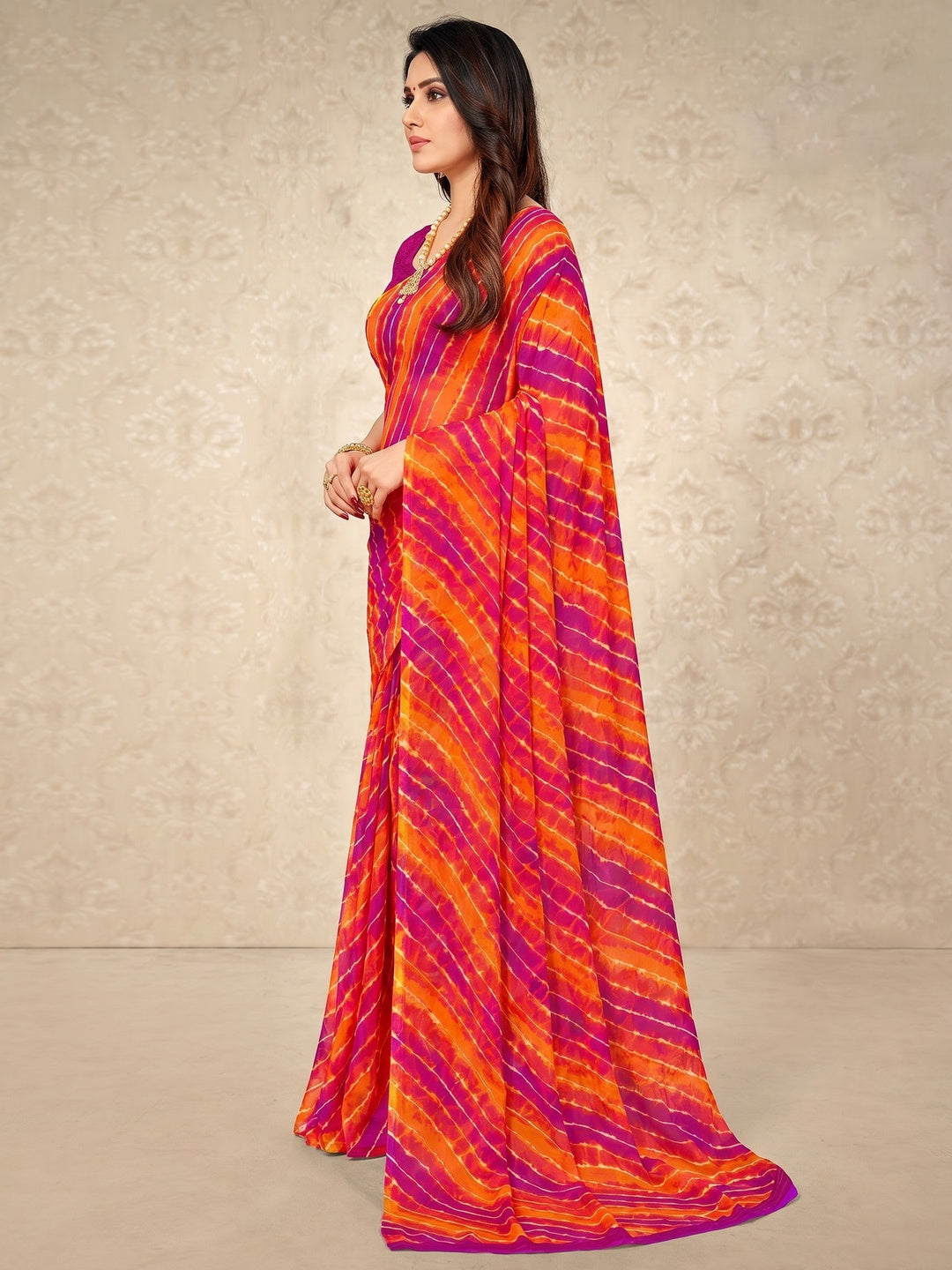 Magenta & Orange Printed Chiffon Saree - Image 2