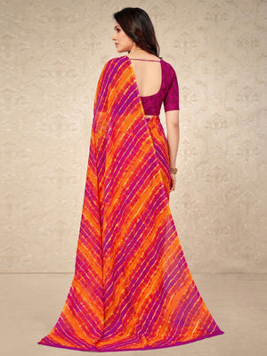 Magenta & Orange Printed Chiffon Saree - Image 1