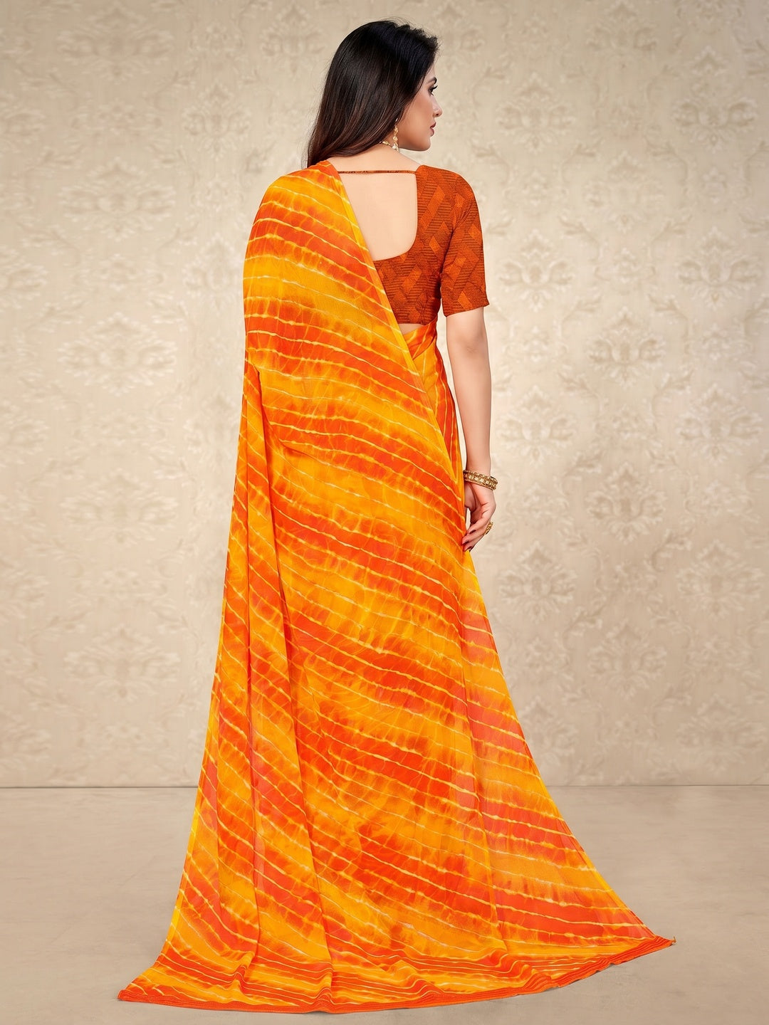 Orange & Mustard Printed Chiffon Saree - Image 2