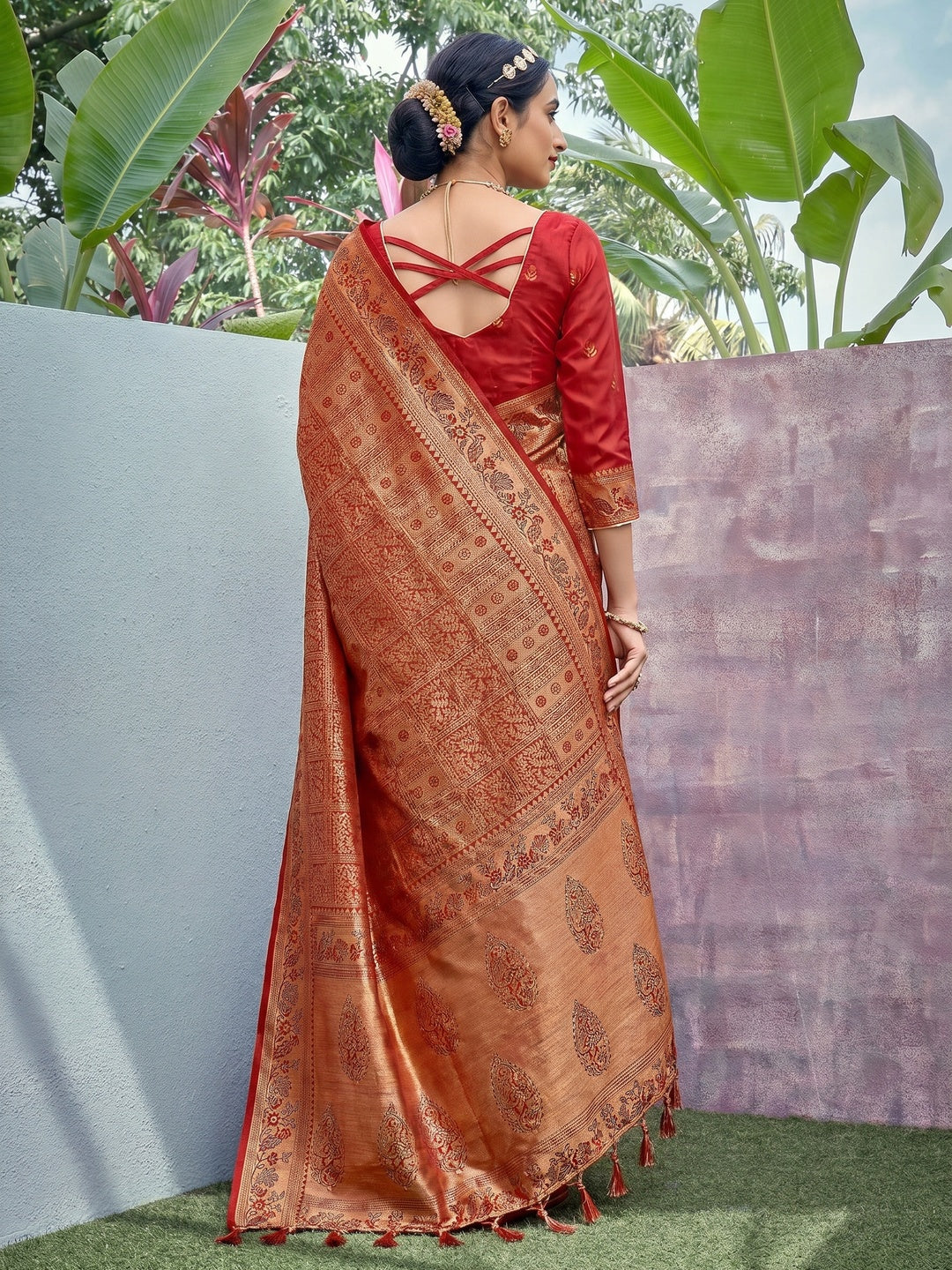 Golden-Red Woven Art Silk Saree With Tassels - Image 1