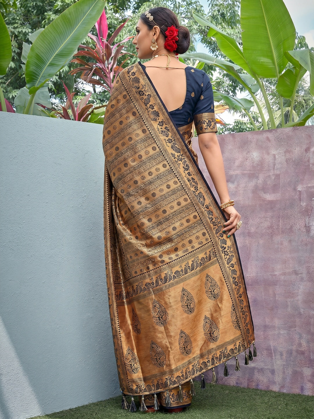 Golden-Navy Blue Woven Art Silk Saree With Tassels - Image 1