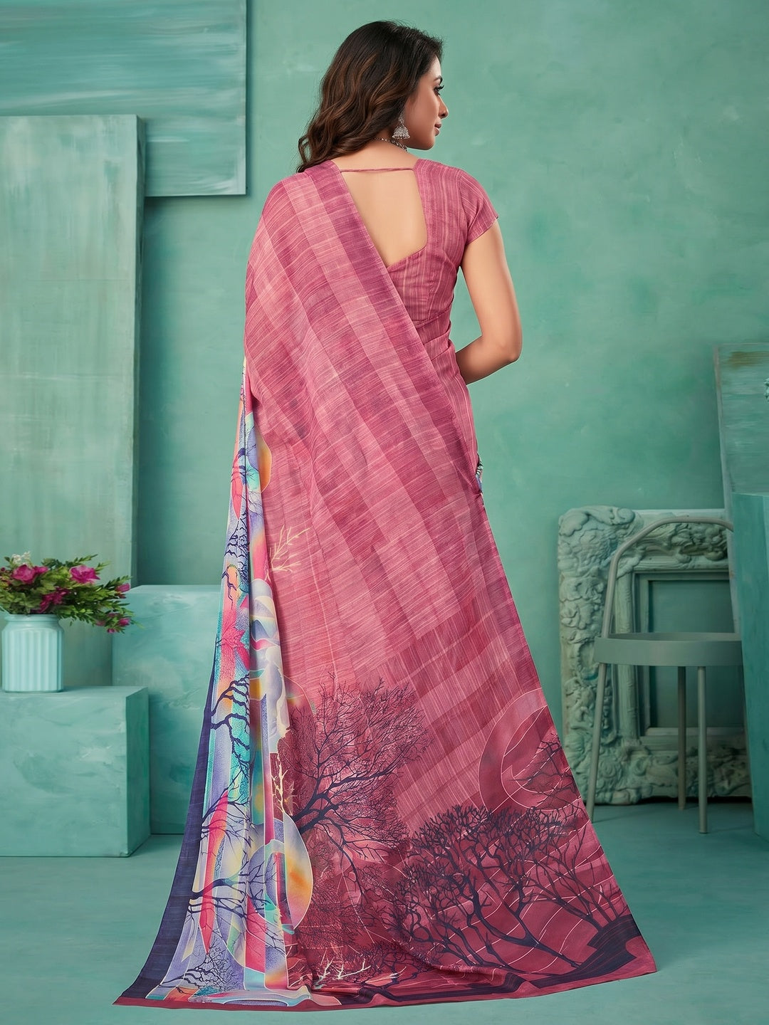 Pink Printed Crepe Saree - Image 1