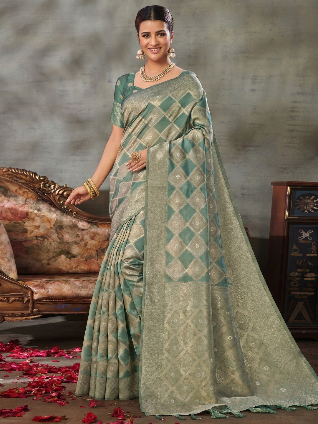 Turquoise Woven Organza Saree With Tassels - Image 1