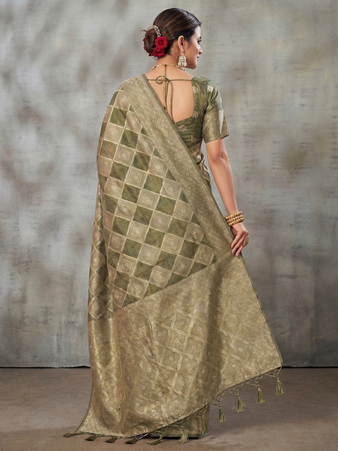 Olive Green Woven Organza Saree With Tassels - Image 1
