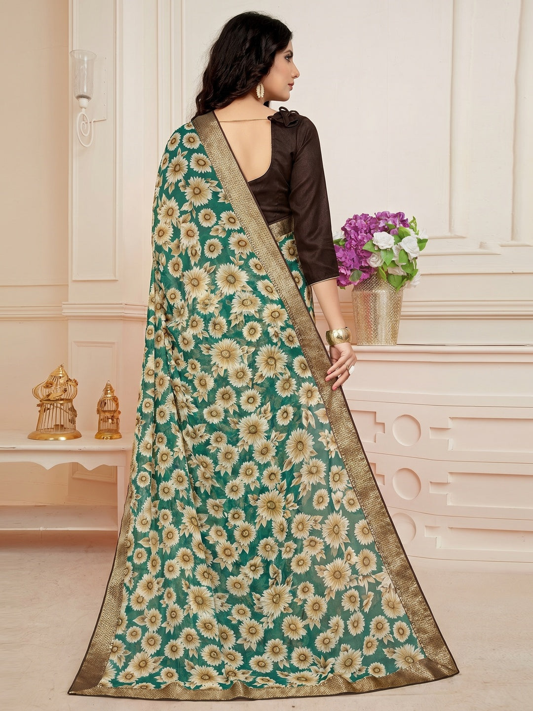 Green Printed With Woven Border Georgette Saree - Image 1
