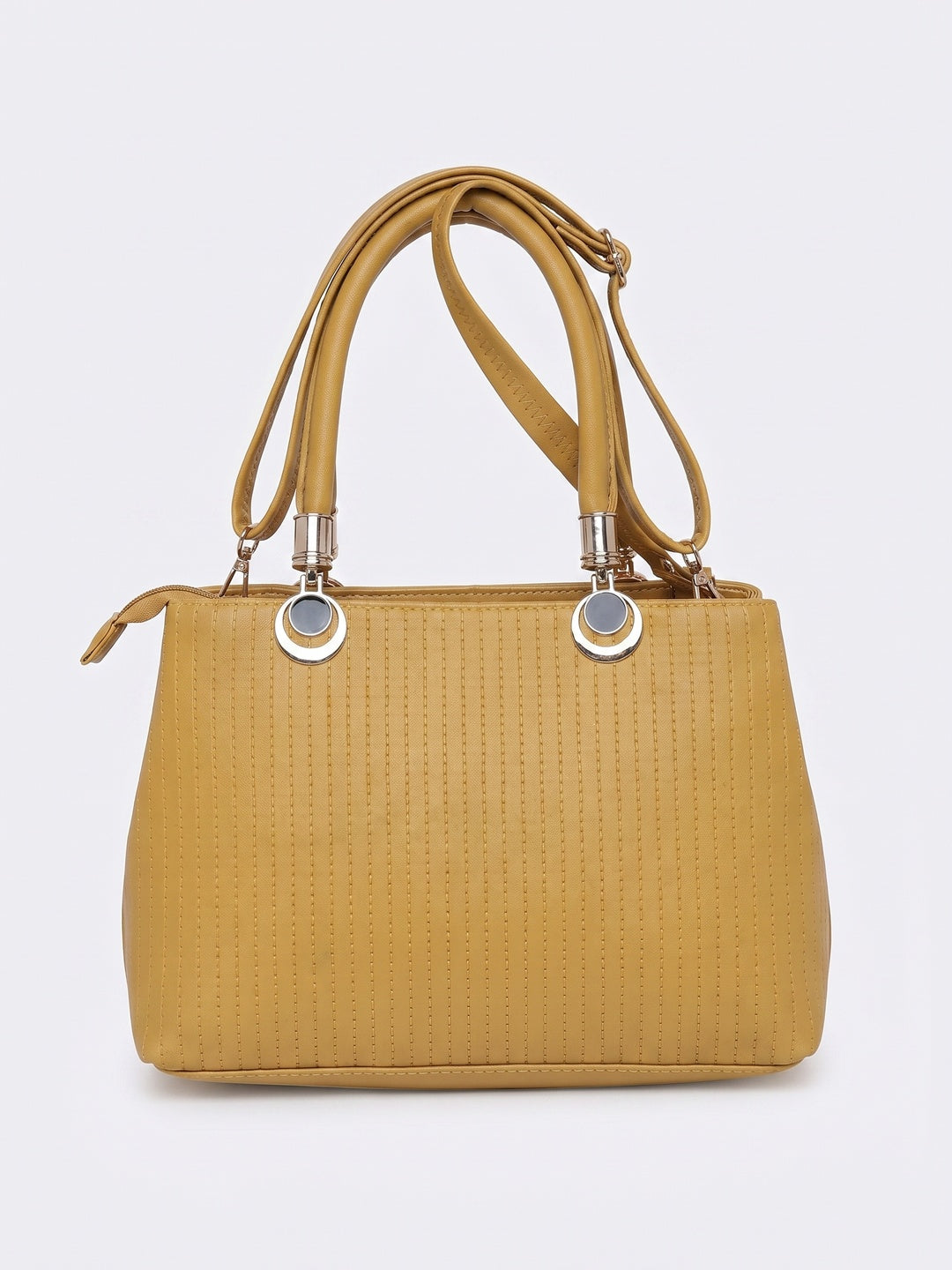 Mustard Women Vegan Leather Handbag With Belt - Image 2