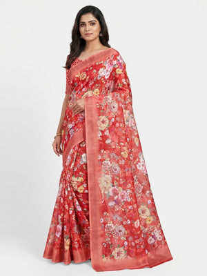 Red Digital Printed Cotton Silk Saree - Image 1