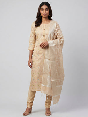Beige Woven Banarasi Silk Dress Material - Image 1