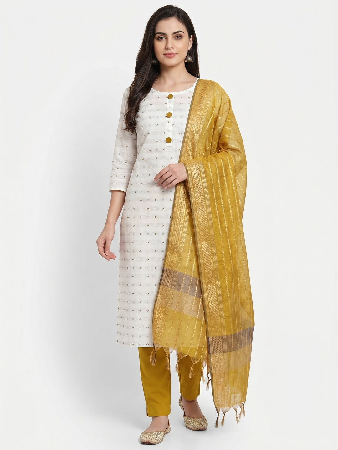 White-Mustard Woven Cotton Blend Dress Material - Image 1