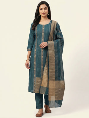 Teal Blue Woven Cotton Blend Dress Material - Image 1