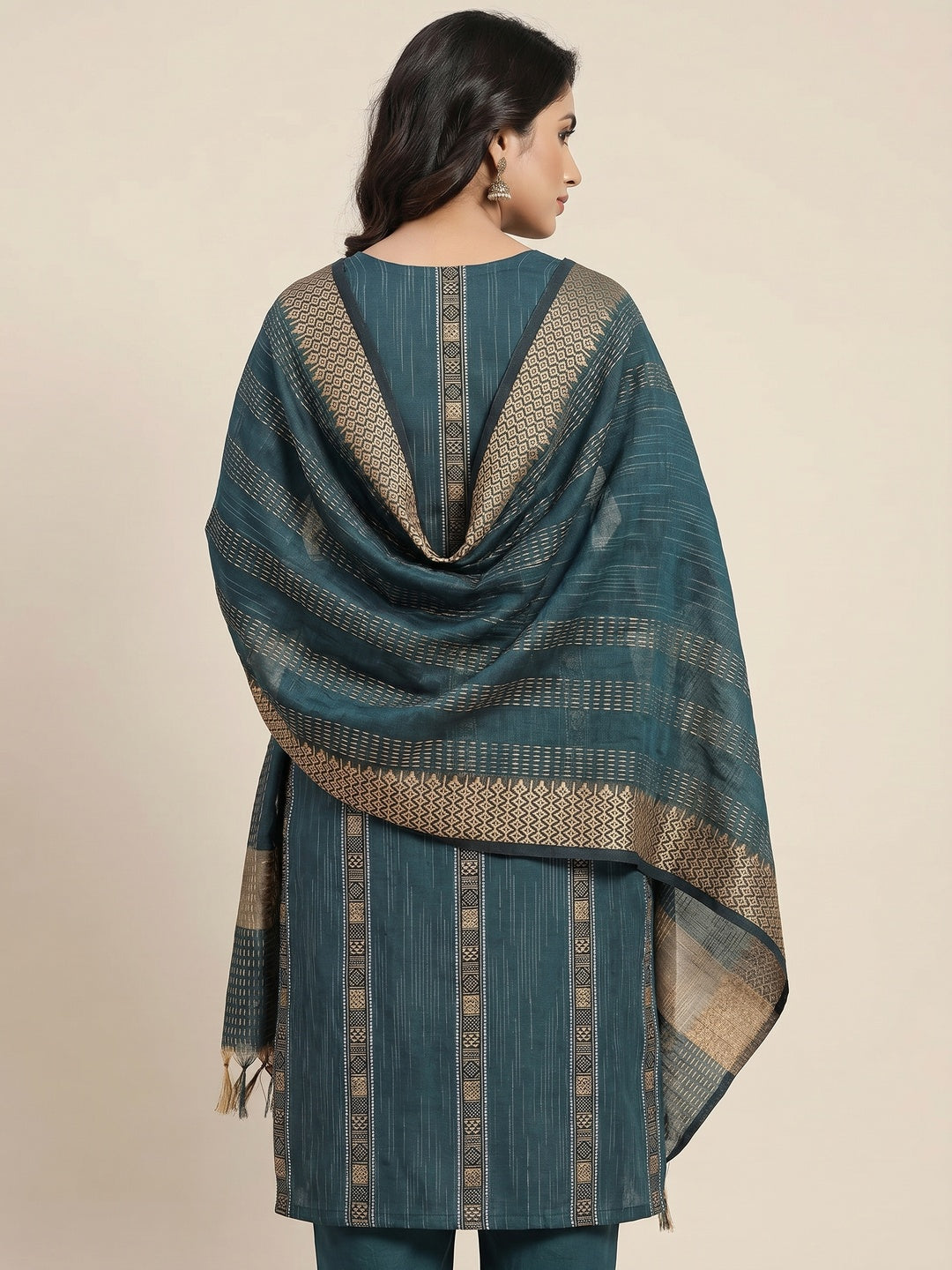 Teal Blue Woven Cotton Blend Dress Material - Image 2