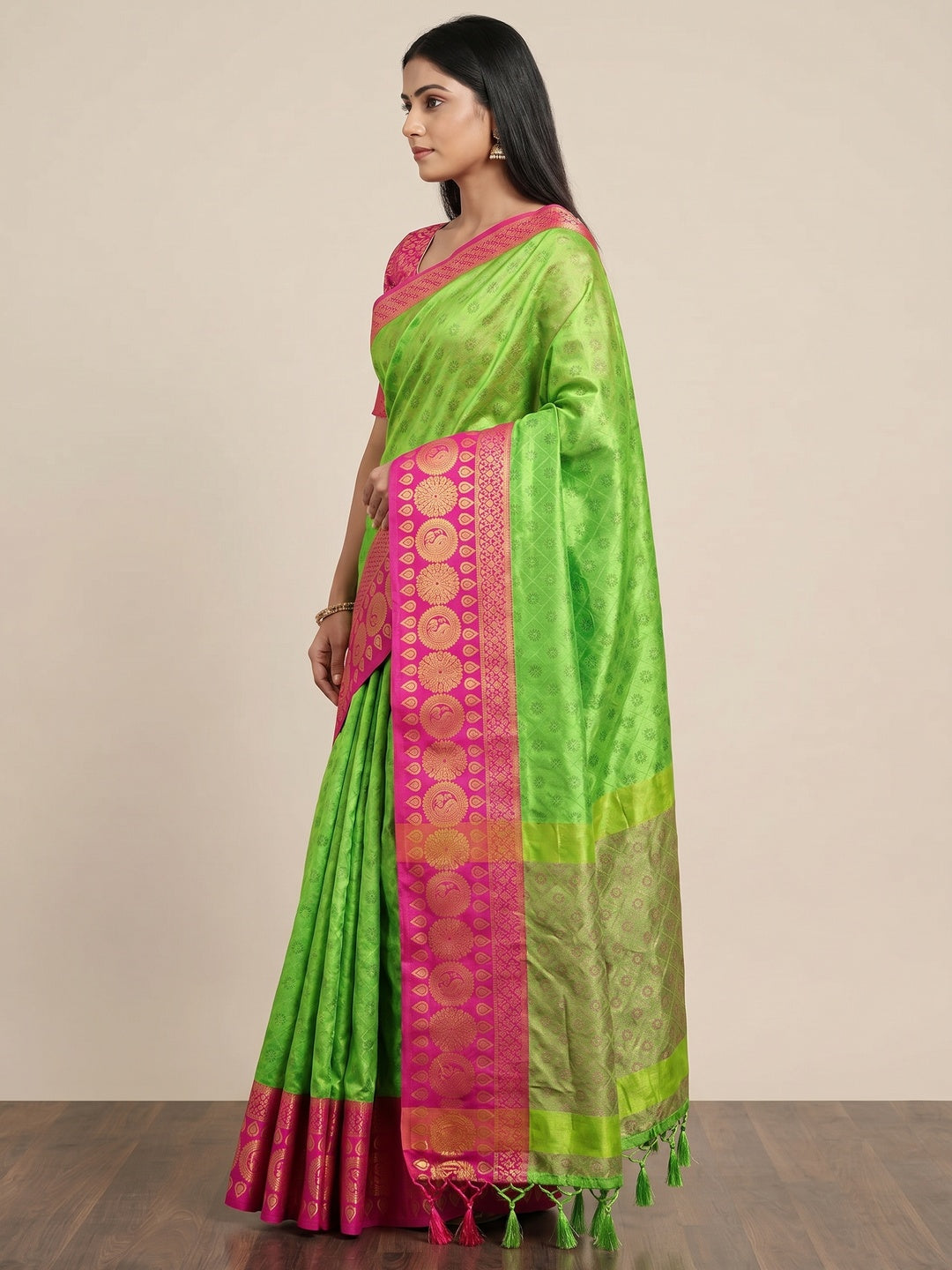 Parrot Green Woven Cotton Silk Saree With Tassels - Image 3