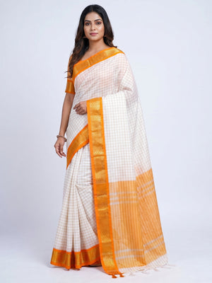 White & Orange Checks With Woven Border Cotton Silk Saree - Image 2