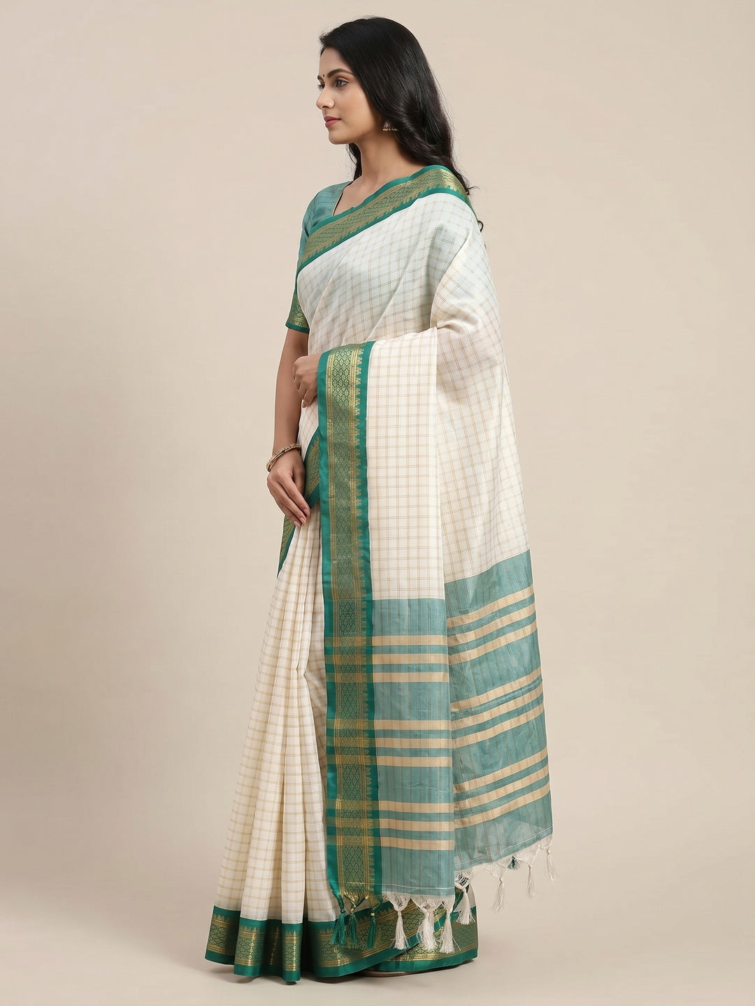 White & Rama Green Checks With Woven Border Cotton Silk Saree - Image 2