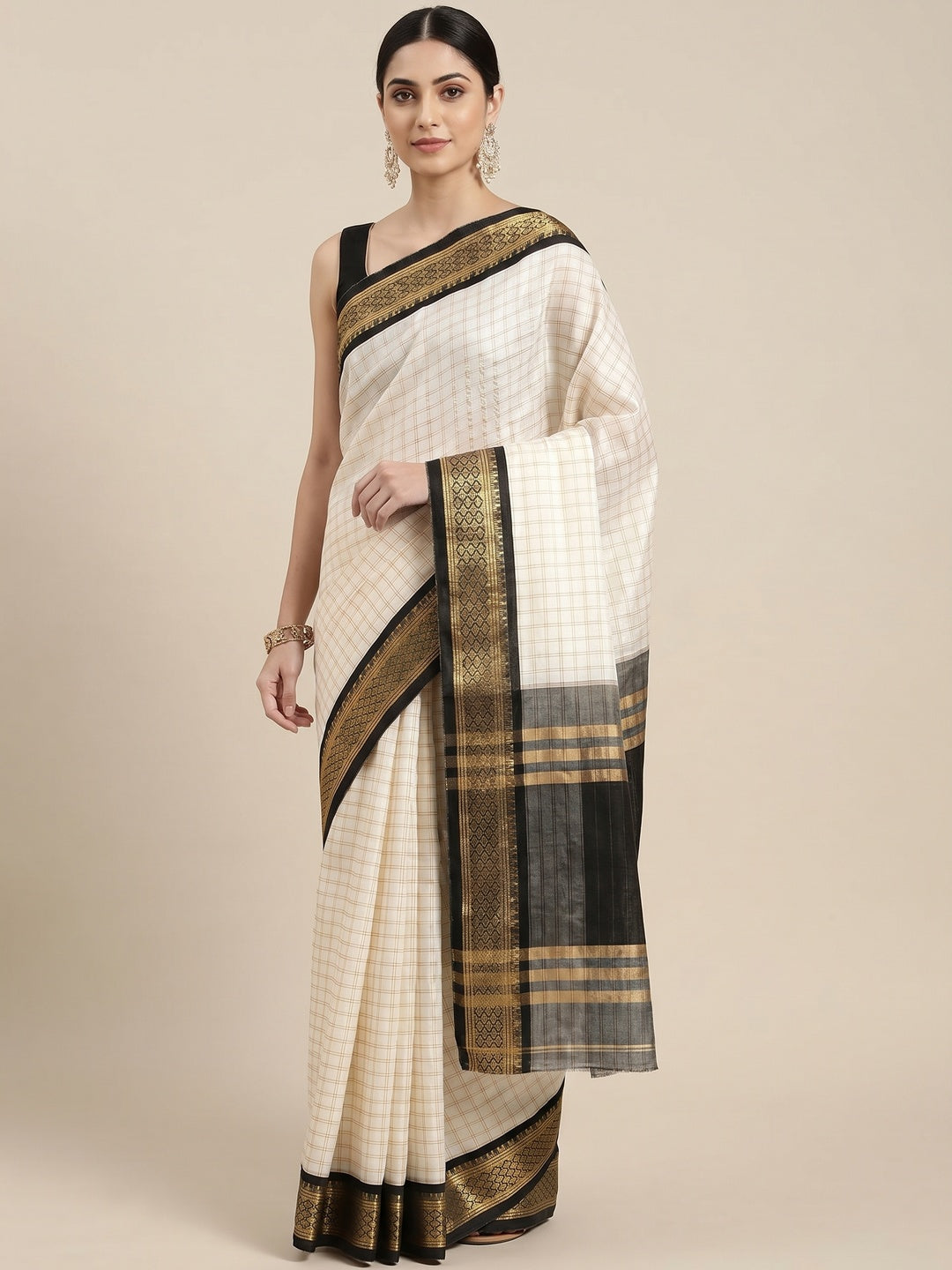 White & Black Checks With Woven Border Cotton Silk Saree - Image 1