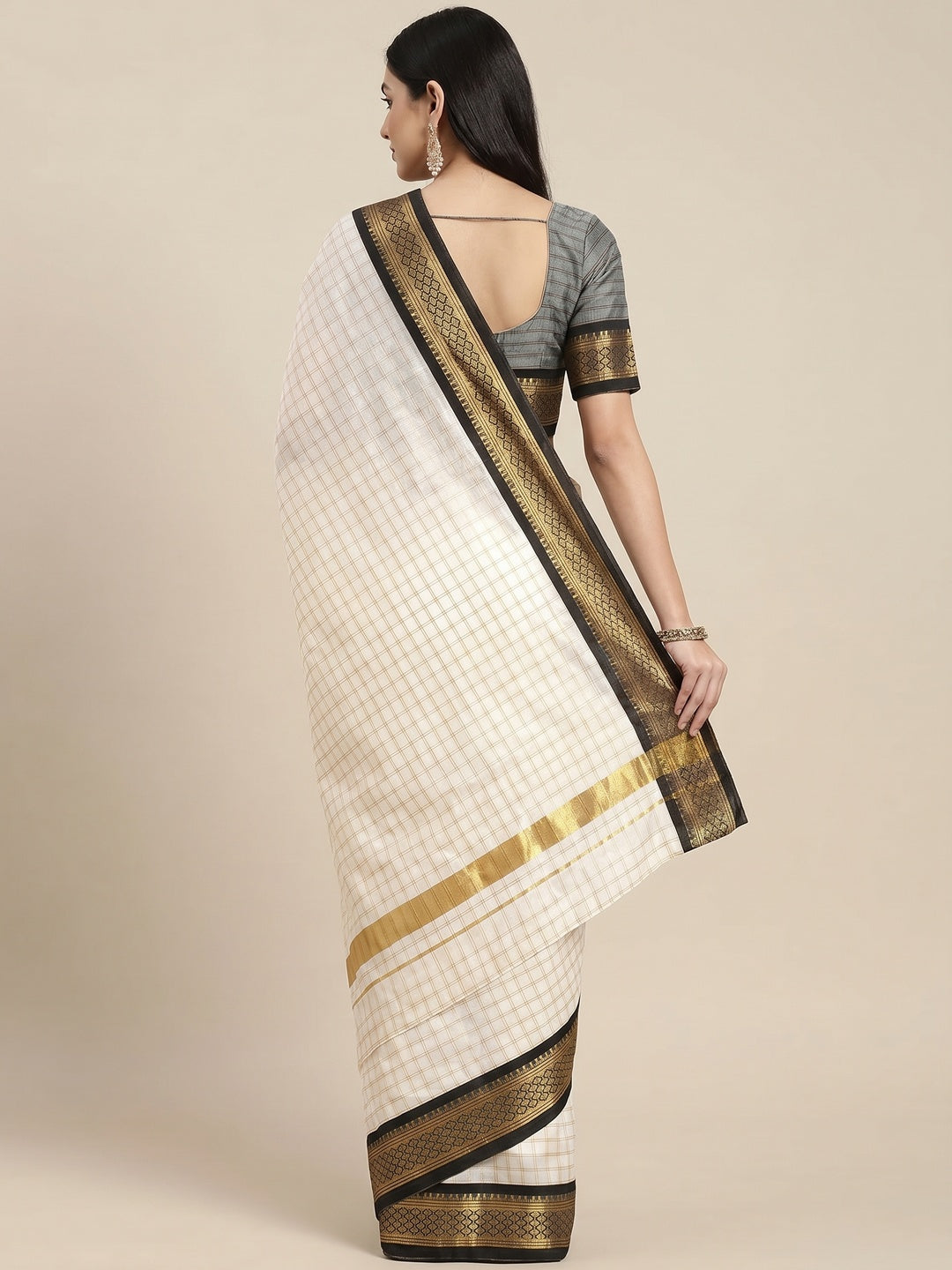 White & Black Checks With Woven Border Cotton Silk Saree - Image 2