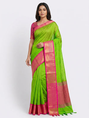 Parrot Green Woven Cotton Silk Saree - Image 1