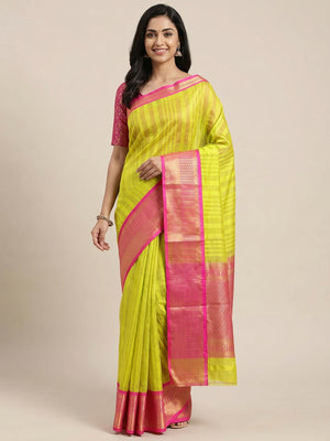 Lemon Green Woven Cotton Silk Saree - Image 1