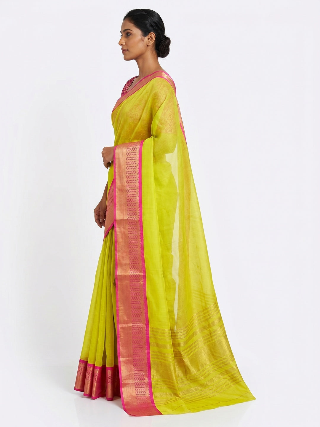 Lemon Green Woven Cotton Silk Saree - Image 2